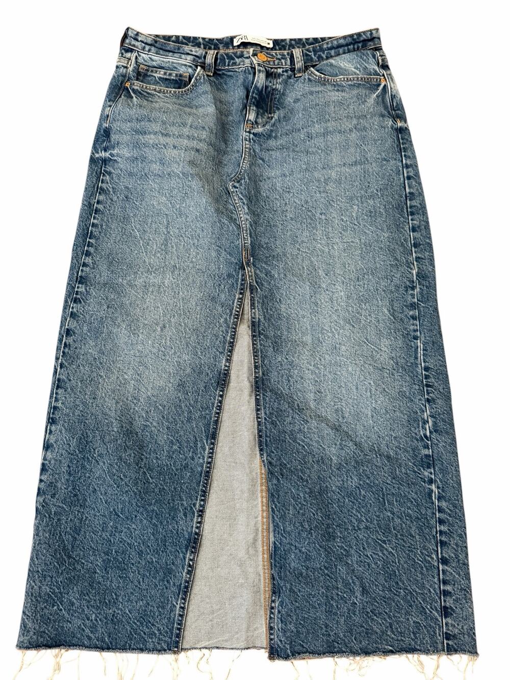 Zara Women Medium Wash Blue Denim 5 Pocket Design Maxi Skirt Size L